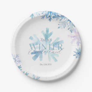 Plato De Papel Paisaje Invernal Azul Copo de Nieve Primer Cumplea