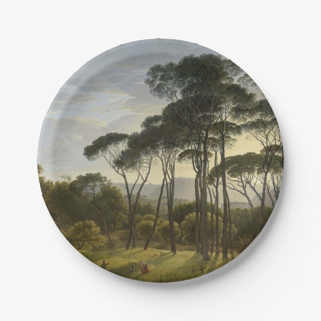Plato De Papel Paisaje italiano con pinos paraguas (Voogd) (Anverso)