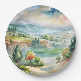 Plato De Papel Paisaje montañoso acuarela