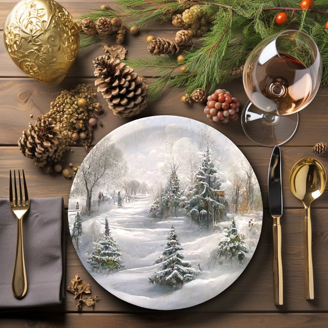 Plato De Papel Paisaje navideño del bosque de invierno (Beautiful Winter scene Christmas Paper Plates)