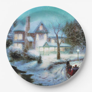 Plato De Papel Paisaje navideño invernal vintage