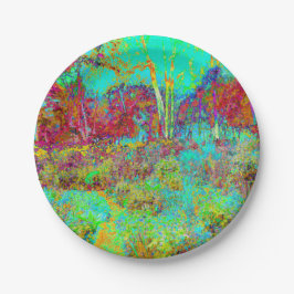 Plato De Papel Paisaje psicodélico de Oro Otoño y Jardín de Aqua