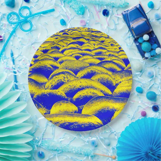 Plato De Papel Paisaje rocoso azul y amarillo (Fiesta)