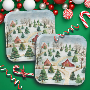 Plato De Papel Paisaje rústico de invierno acuarela con árboles f