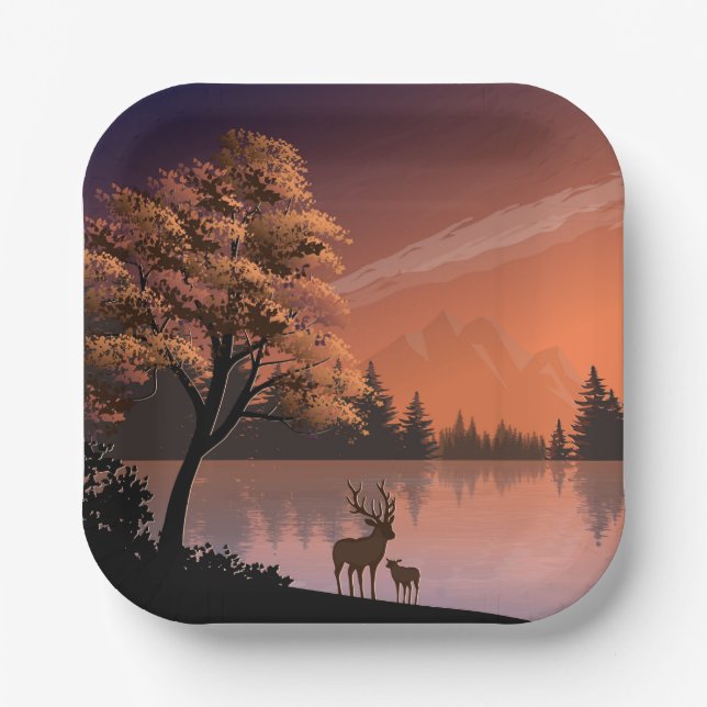 Plato De Papel Paisaje Sunrise con Lago y Deers-51207 (Anverso)