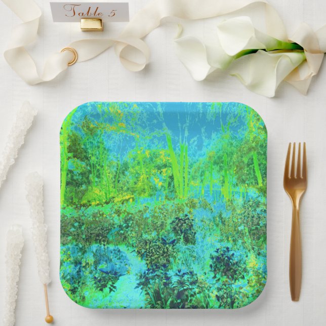 Plato De Papel Paisaje Trippy Lime Green y Blue Garden (Boda)