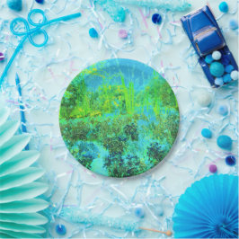 Plato De Papel Paisaje Trippy Lime Green y Blue Garden