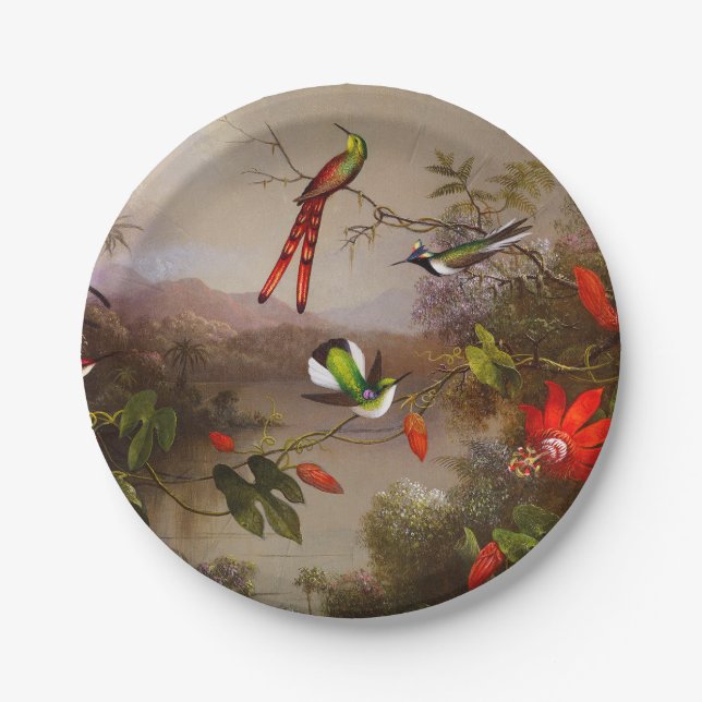 Plato De Papel Paisaje tropical con 10 Hummingbirds Heade (Anverso)