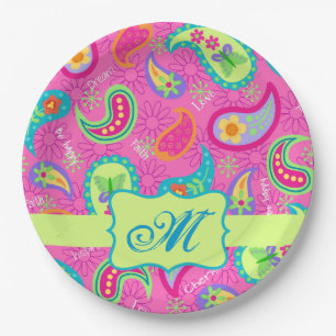 Plato De Papel Paisley moderna personalizada con monograma rosa c