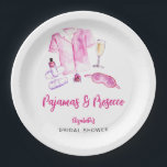 Plato De Papel Pajamas and Prosecco Bridal Shower Pink Script<br><div class="desc">Serve your celebration in style with these “Pajamas & Prosecco” bridal shower paper plates, featuring soft watercolor illustrations and playful pink script. Perfect for desserts, appetizers, or light bites, these plates add a chic and coordinated touch to your party table. Ideal for girls’ night–in themes, they bring both convenience and...</div>