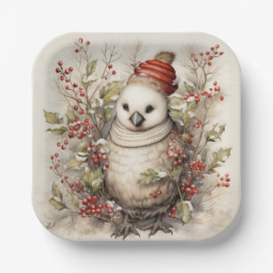 Plato De Papel Pájaro Adorable con Gorro Rojo y Bayas Rojas de Ac