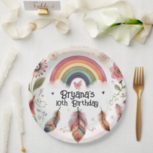 Plato De Papel Pájaro Arcoíris Acuarela y Plumas Cumpleaños Boho