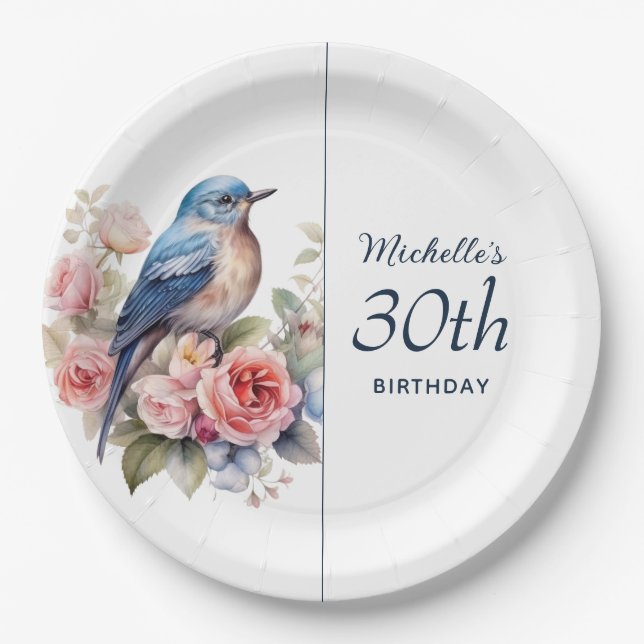 Plato De Papel Pájaro Azul Flores Rosadas Cumpleaños 30 (Anverso)
