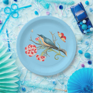 Plato De Papel Pájaro azul sobre claveles, ilustracion vintage,