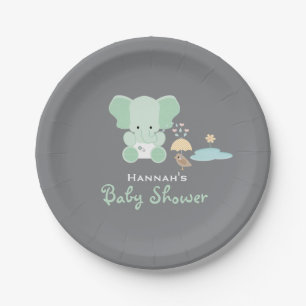 Plato De Papel Pájaro Baby Shower del elefante de la verde menta