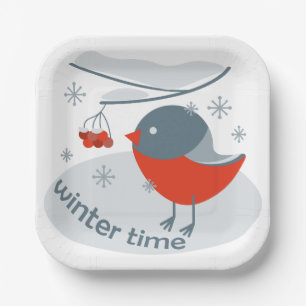 Plato De Papel Pájaro bullfinch de invierno y bayas rojas