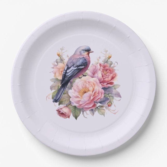 Plato De Papel Pájaro Cantando sobre Peonías Rosadas (Anverso)