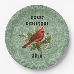 Plato De Papel Pájaro Cardenal Rojo Vintage Feliz Navidad 
