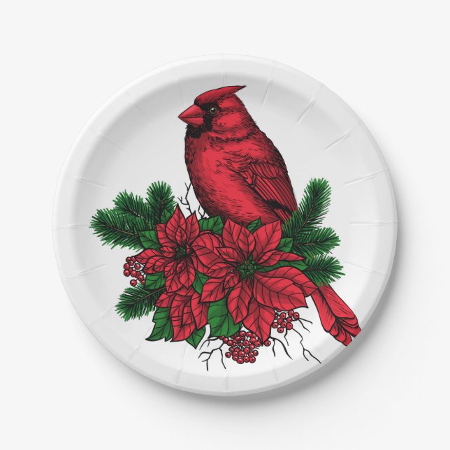 Plato De Papel Pájaro cardinal, ilustracion Navidad (Anverso)