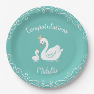 Plato De Papel Pájaro de Baby Shower con tema de la corona Verde 