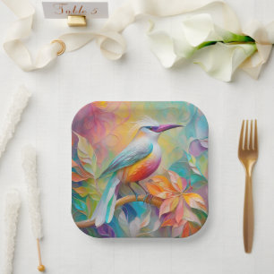 Plato De Papel Pájaro de Fantasía de Pechuga Roja con Billar Rosa