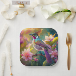 Plato De Papel Pájaro de fantasía Jay Arcoíris con cresta naranja