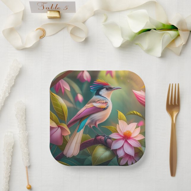 Plato De Papel Pájaro de fantasía Jay con cresta de arcoíris (Boda)