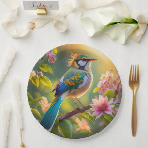 Plato De Papel Pájaro de la Fantasía Verde azulada con Cabecera V