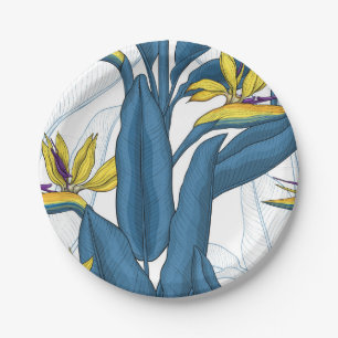 Plato De Papel Pájaro del paraíso flores en blanco