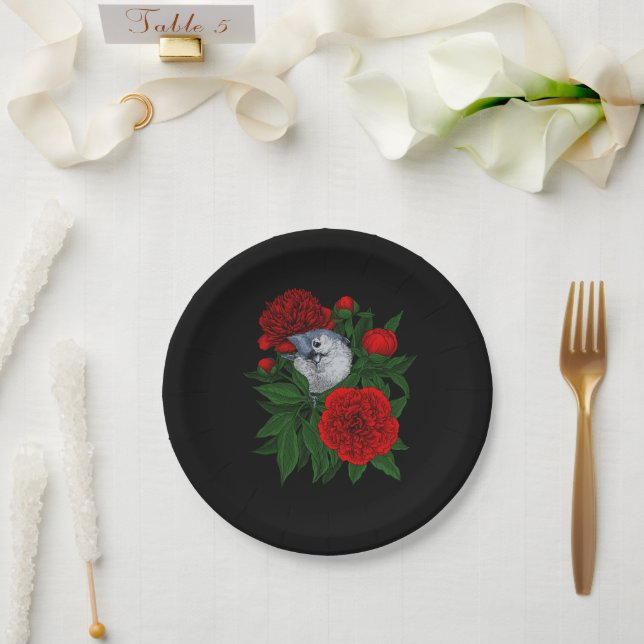 Plato De Papel Pájaro en un ramo de peonía rojo (Boda)
