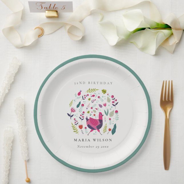 Plato De Papel Pájaro floral de la granja folk brillante de cualq (Boda)