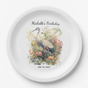 Plato De Papel Pájaro Grulla Deja Cumpleaños Florales Foliaje