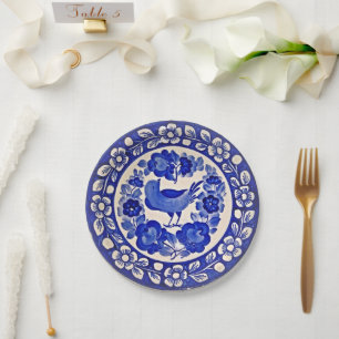 Plato De Papel Pájaro y flores azules pintados a mano del modelo