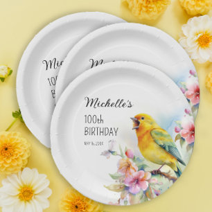 Plato De Papel Pájaros Antiguos Canarios Flores 100 Cumpleaños