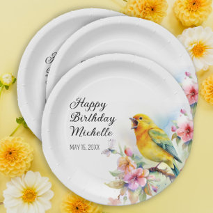Plato De Papel Pájaros Antiguos Canarios Flores Feliz Cumpleaños