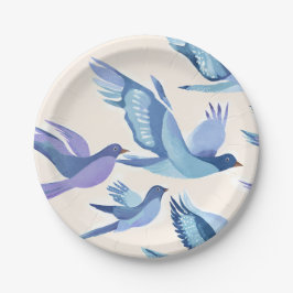 Plato De Papel Pájaros Azules Volando | Acuarela Moderna