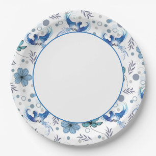 Plato De Papel Pájaros Azules y Patrón Continuo de Armonía Floral