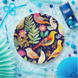 Plato De Papel Pájaros coloridos con motivos florales de decoraci