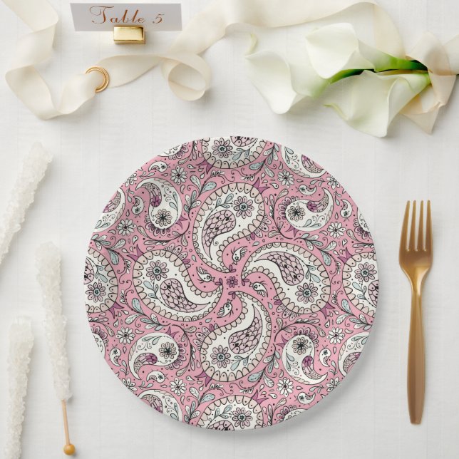 Plato De Papel Pájaros de paisley de rosa bebé (Boda)