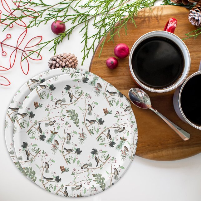 Plato De Papel Pájaros de pollo Berries y Pinecones (Chickadee Birds Berries & Pinecones Watercolor Paper Plates)