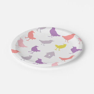 Plato De Papel Pájaros Pastel rosa y Púrpura con Aves