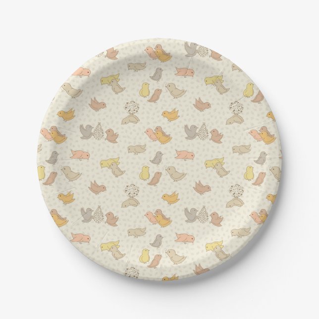 Plato De Papel Pájaros pequeños y plumas en beige - patrón. (Anverso)