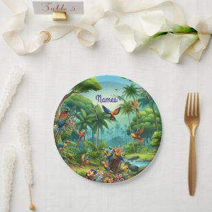 Plato De Papel Pájaros tropicales coloridos entre una planta vibr