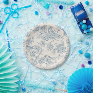 Plato De Papel Pájaros y flor de cerezo en azul y blanco desvaído