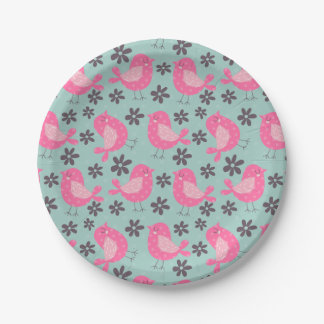 Plato De Papel Pájaros y flores de polka