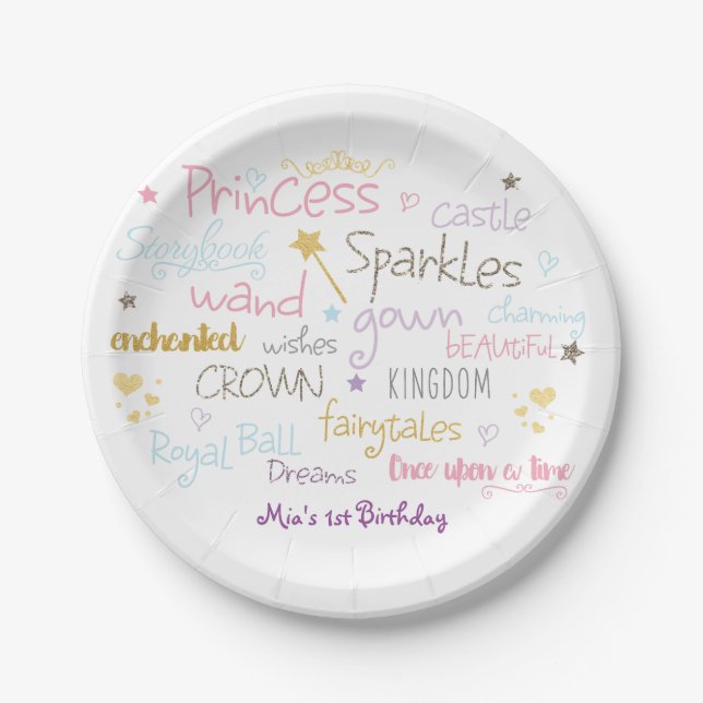 Plato De Papel Palabras PRINCESS Cute las placas Fiestas de cumpl (Anverso)