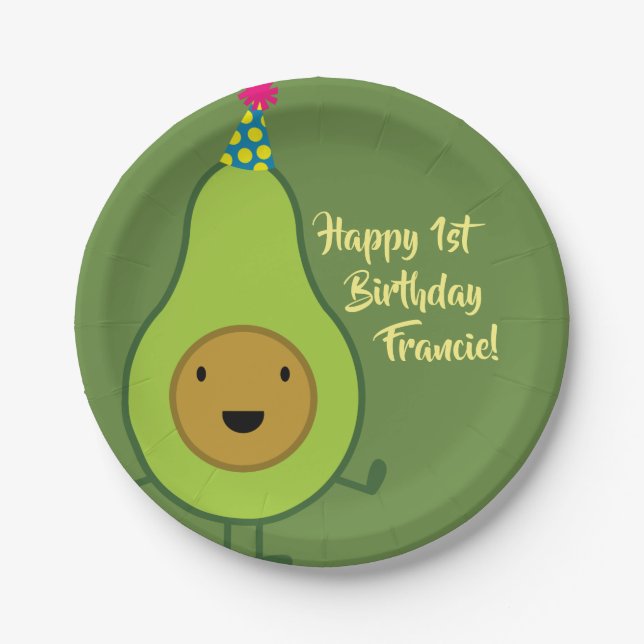 Plato De Papel Palas de aguacate Cute 1er cumpleaños (Anverso)