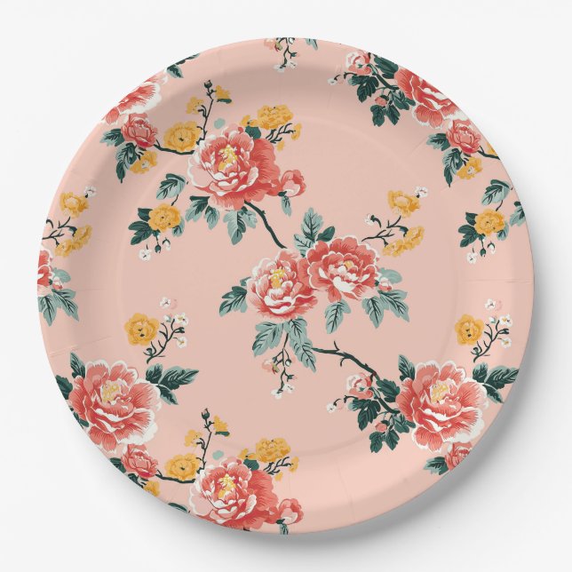 Plato De Papel Pale Pink Chinoiserie Floral (Anverso)