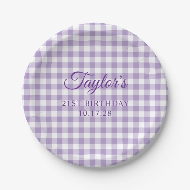Plato De Papel Pale Purple Gingham Plaid 21st Birthday (Anverso)