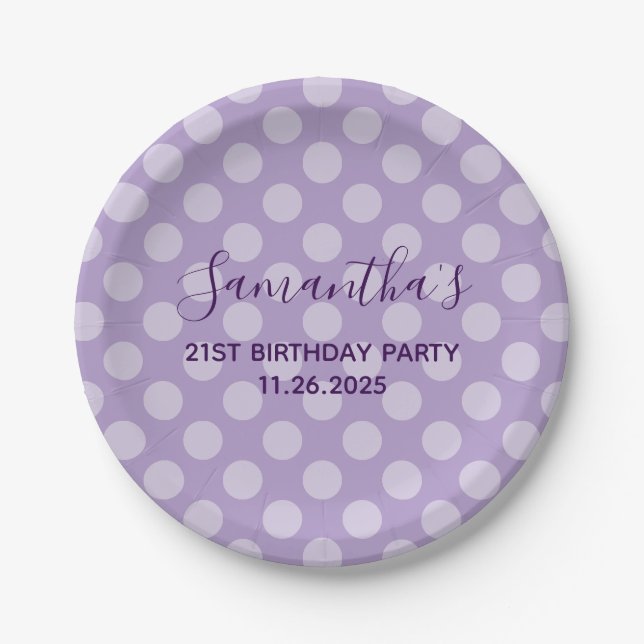 Plato De Papel Pale Purple Polka Dot 21º cumpleaños (Anverso)